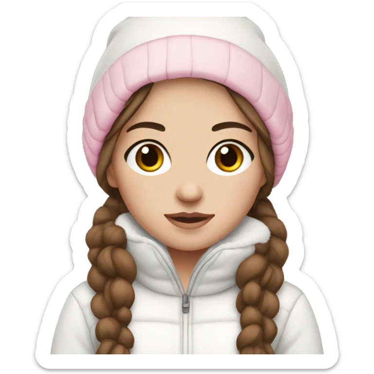 white girl with brown hair and black eyes wearing a white and pink winter outfit sticker