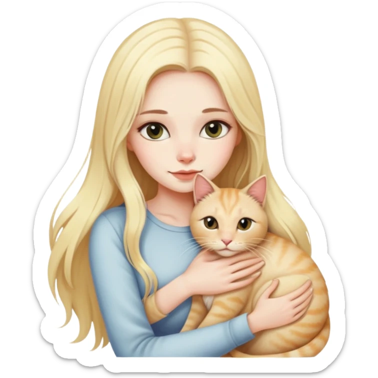 pretty woman with pale skin, very long blonde hair hugging a cat sticker
