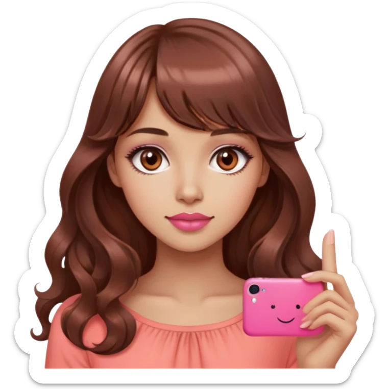 cute woman, light tan skin, big dark brown eyes, very long wavy auburn hair, bangs, pink top, coral lipstick, piece sign sticker