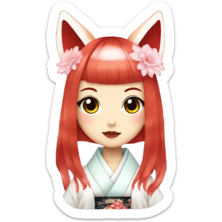hime gyaru girl, kimono, short red hair, kitsune mask sticker