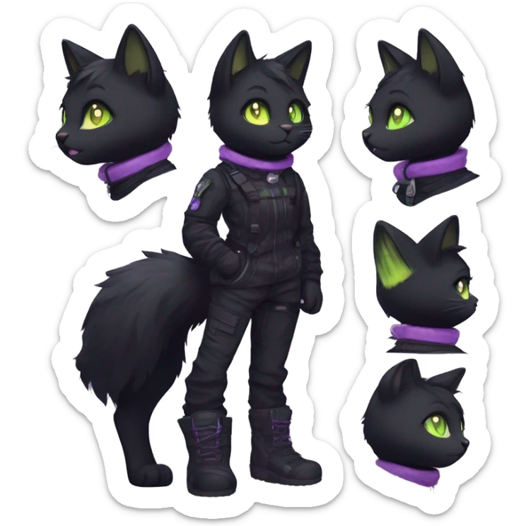 Gorgeous furry dark techwear style anthro black cat furry sona Fakemon with blushing face yellow-green eyes with ponytail, aesthetic and pretty edgy black with violet collar and harness trending style sticker