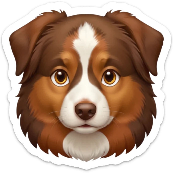 A tri color Australian shepherd with a chocolate brown base coat, red/gold fur on his eyebrows and snout/cheeks, a white chest, and gold eyes sticker