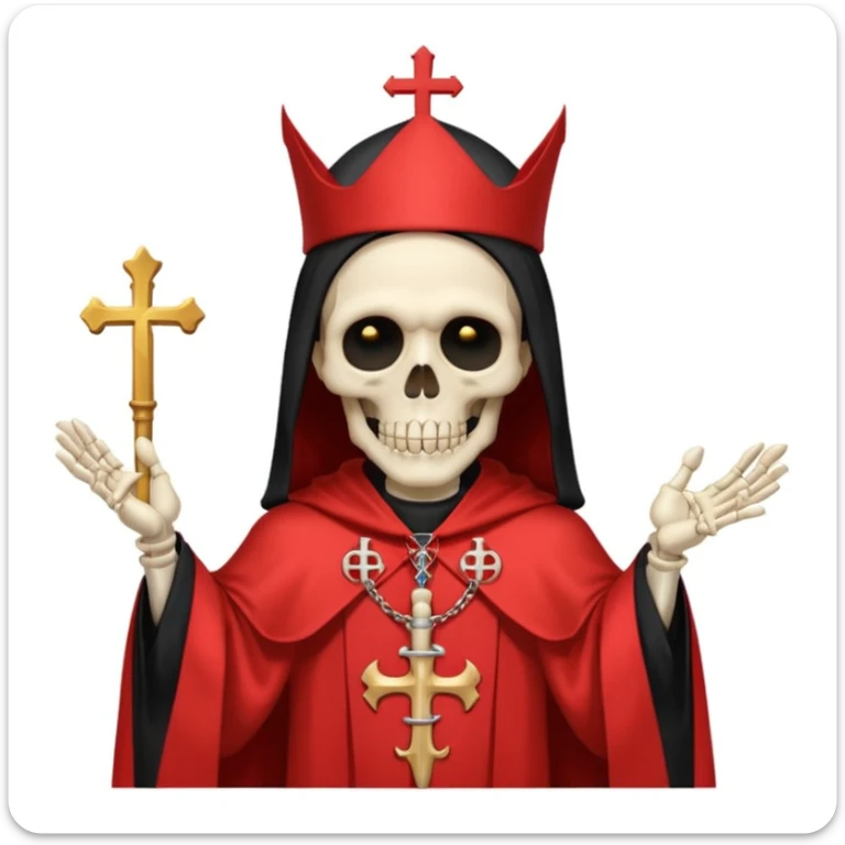 Skeleton metal singer in satanic pope robe with black hair sticker