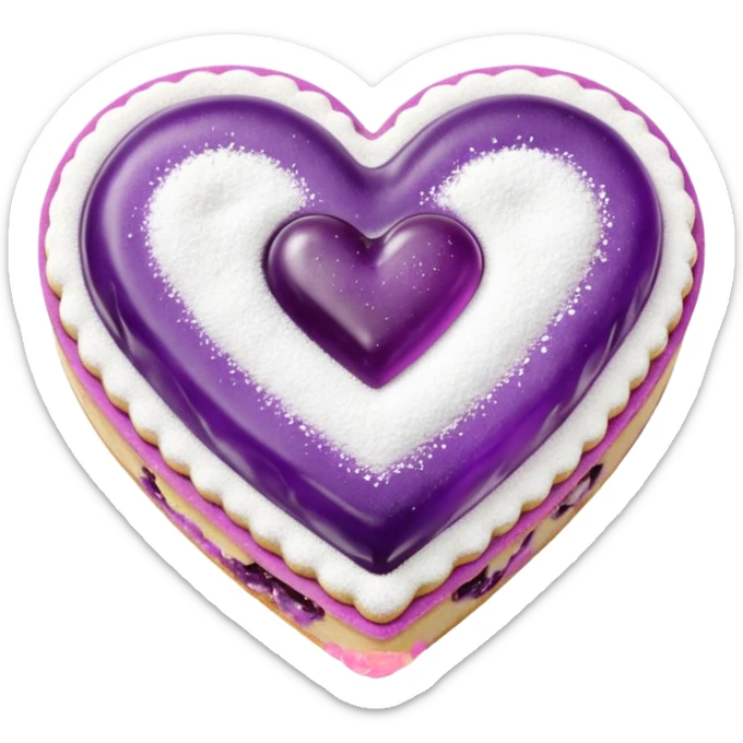 Realistic shortbread cookie in the shape of a heart with purple pastel jelly middle filling and sprinkled powder sugar on top. sticker