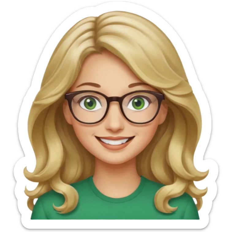 long wavy darker blonde hair woman with green eyes and glasses smiling sticker