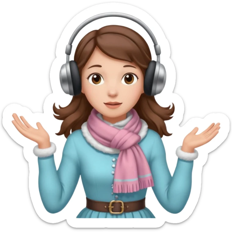 Victorian ice skater in a long dress. She is wearimg a scarf and earmuffs. She has boriwn hair. sticker