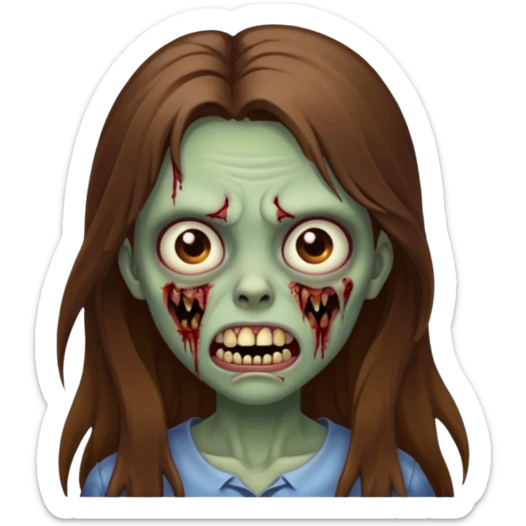 Girl zombie with brown long hair with teeth and serious face IOS 2019 style sticker