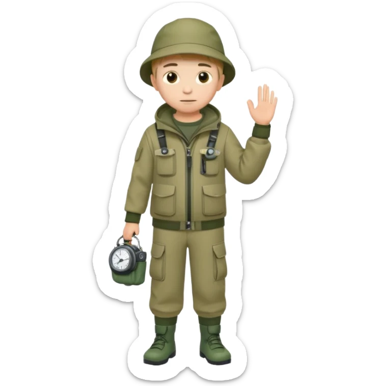 Boy in fishing suit looking at his wristwatch, full body sticker