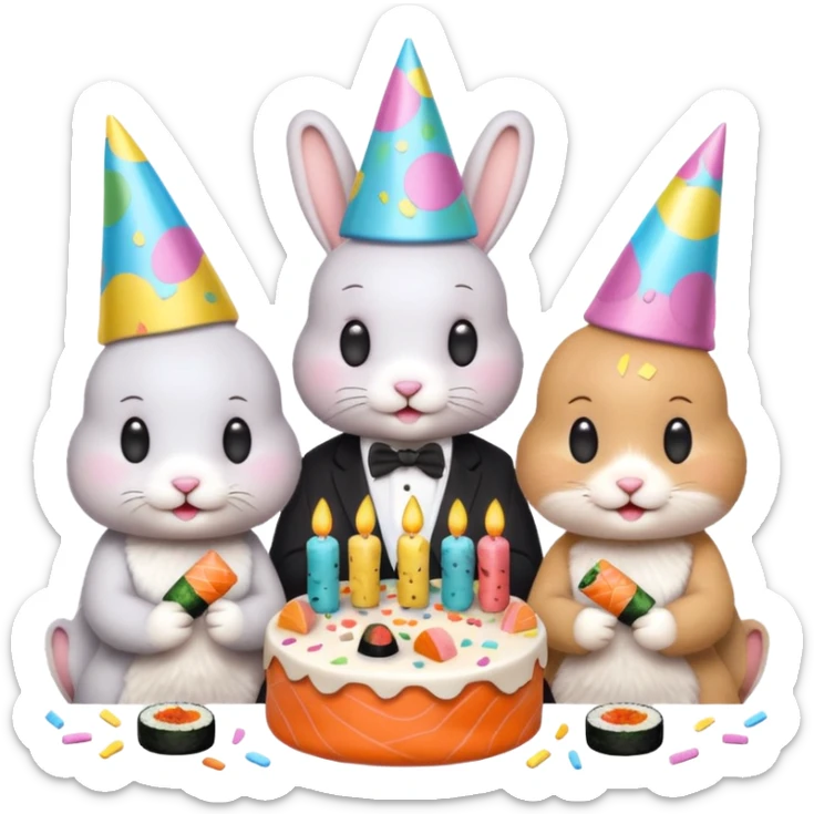 four bunnies together eating sushi at a birthday party, pastel colors, cute, confetti, birthday cake, new composition, emoji style sticker