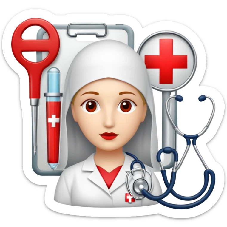 An icon featuring The Hygeia Vessel, a red cross, symbolizing medicine. The design includes medical tools and symbols, representing healthcare, diagnosis, and healing practices. Transparent background highlights the profession and study of medicine. sticker