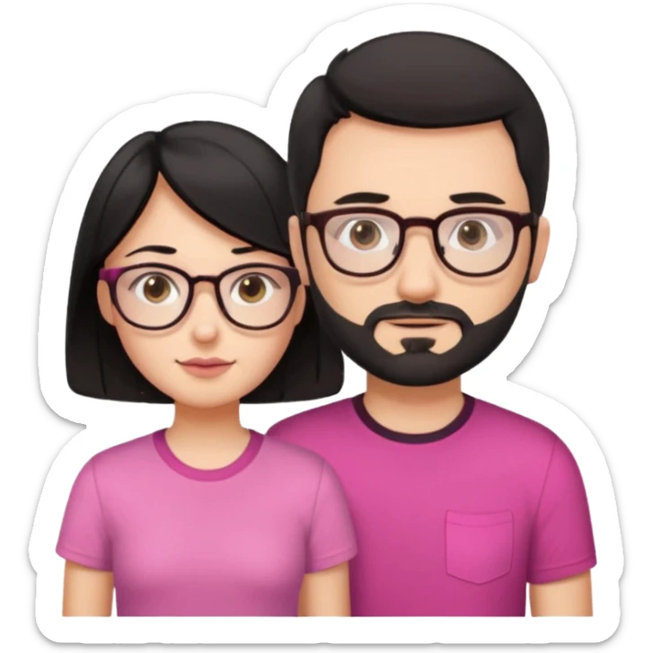 chico con gafas y barba corta moreno al lado una chica pelo negro piel blanca y camiseta rosa ojos marrones sticker