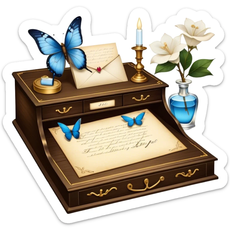 A poetic still life of an antique wooden desk adorned with an ink-stained love letter, a golden-tipped quill resting beside it. A translucent blue butterfly flutters near an elegant perfume bottle, surrounded by ivory gardenias and scattered pearls. sticker