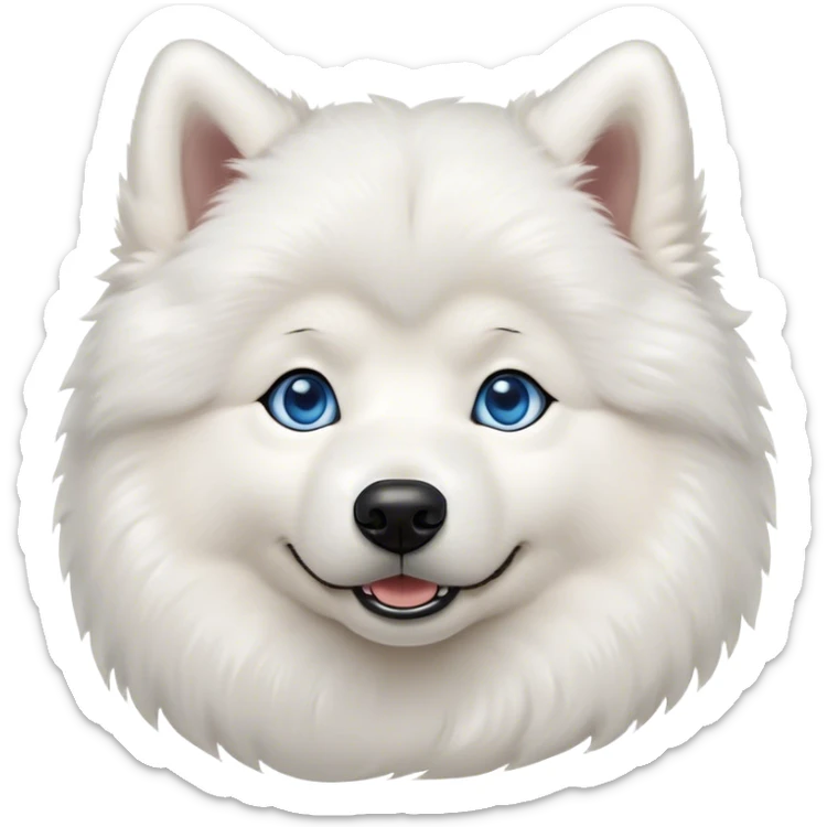 Cinematic Cute Samoyed Portrait Emoji, Head tilted playfully and inquisitively, featuring a fluffy, pristine white Fur with a natural sheen, round, sparkling blue eyes filled with curiosity, Simplified yet irresistibly adorable features, highly detailed, glowing with a warm, friendly glow, high shine, affectionate and lively, stylized with a touch of whimsy, bright and endearing, soft glowing outline, capturing the essence of a mischievous yet loving companion, so playful it feels like it could frolic out of the screen and into your arms! sticker