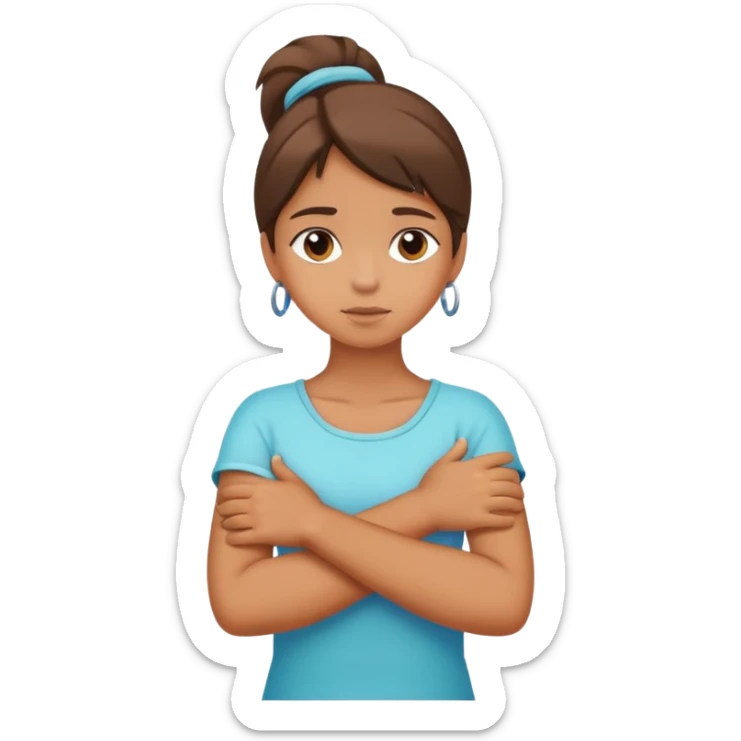 Girl sticking out younger with crossed arms holding neck with hands sticker
