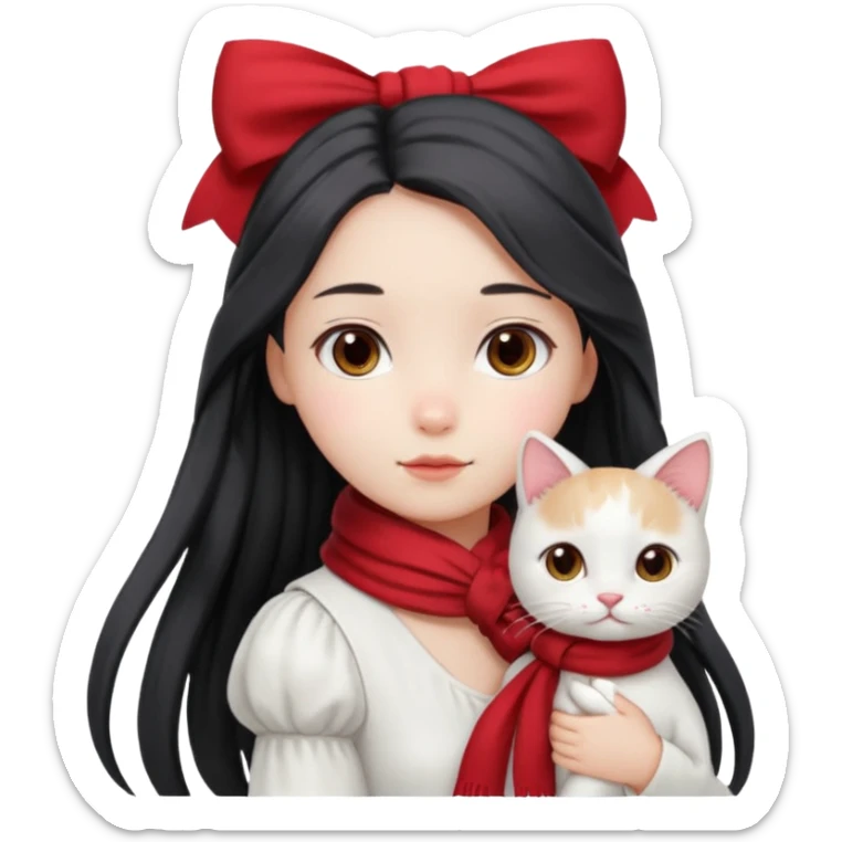 girl with long dark braid and bow, red scarf, white dress, holding white cat on shoulder, seen from behind, same pose as reference, iOS emoji style, smooth glossy texture, soft lighting, kawaii sticker