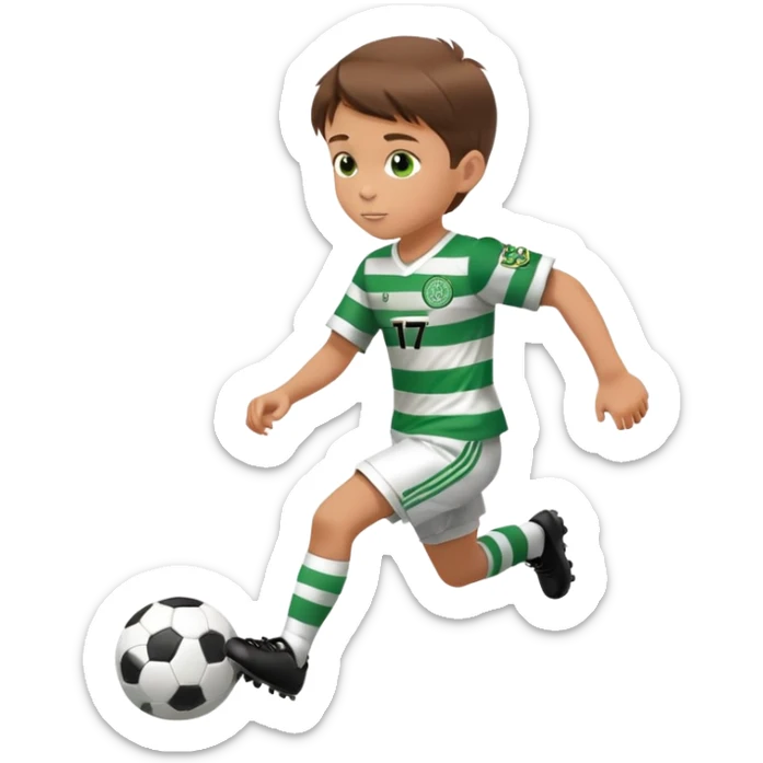 Celtic footballer jersey logo  6 years old brown hair white boy , stripes uniform , RUNNING  with soccer ball # 17 celtic football logo PUT ONLY ONE LOGO sticker