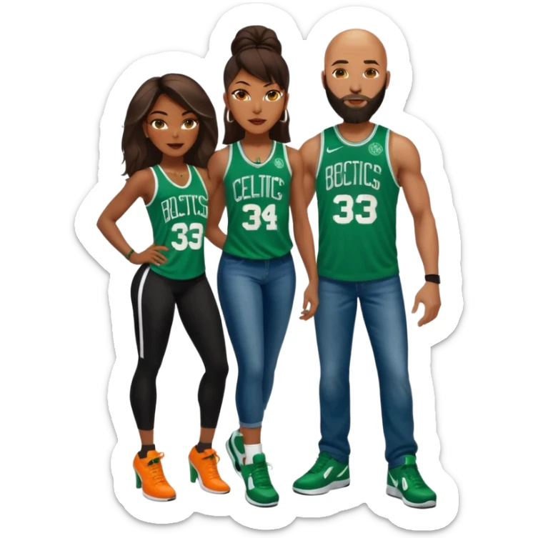 48 yr old black woman with Brown eyes, long dark brown balayage hair dressed in sexy 
celtics jersey costume outfit and stilettos. bald white man with orange facial hair & beard, with Blue eyes, wearing a Jason Tatum Boston Celtics Jersey, jeans & matching Nike sneakers  sticker