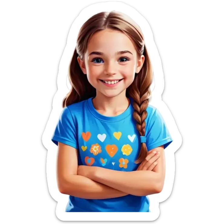 Little Girl, white skin, bronze hair, smile, tutor, bright blue t shirt sticker