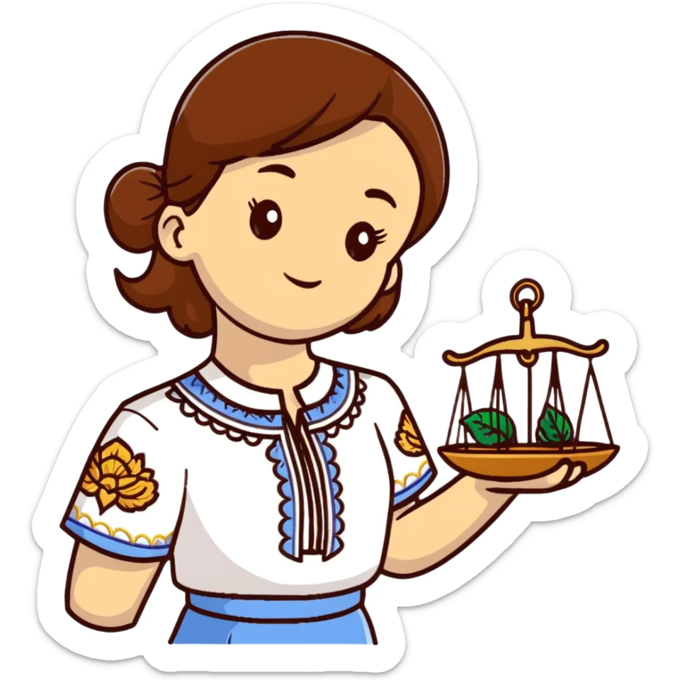 A Ukrainian girl with brown hair in an embroidered shirt holds the scales of truth in her hand sticker