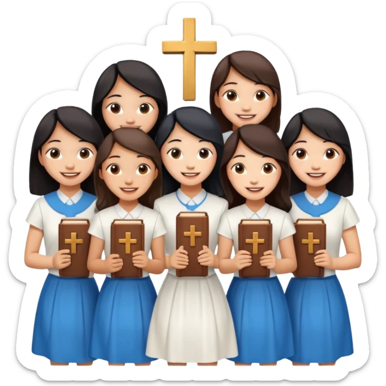 eight asian girls holding bibles and crosses and laughing  sticker