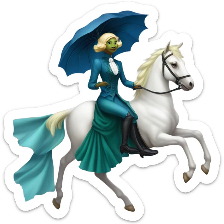 "galora green blonde alien woman" in blue Victorian dress elegant, full body, on pegaso sticker