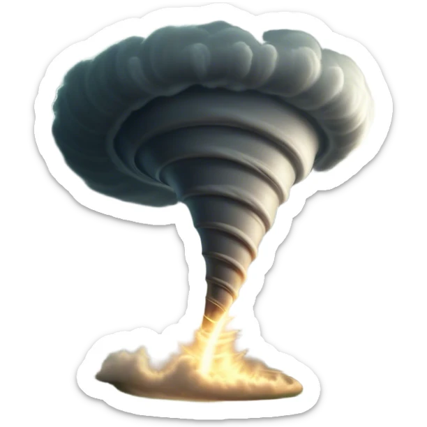 Cinematic Realistic Tornado Emoji, Spiraling fiercely, with dark swirling clouds that twist and stretch downward in a funnel shape. The winds whip up debris as the tornado roars across the landscape, leaving a trail of awe and fear. Soft glowing outline, capturing the essence of wild force and unpredictable power in a mighty tornado! sticker