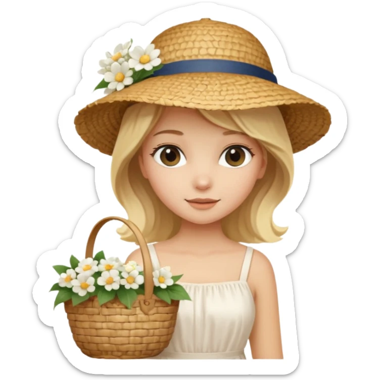 summer beautiful wicker hat, beach beige bag and bouquet of white flowers and blonde girl in Italy white dress sticker