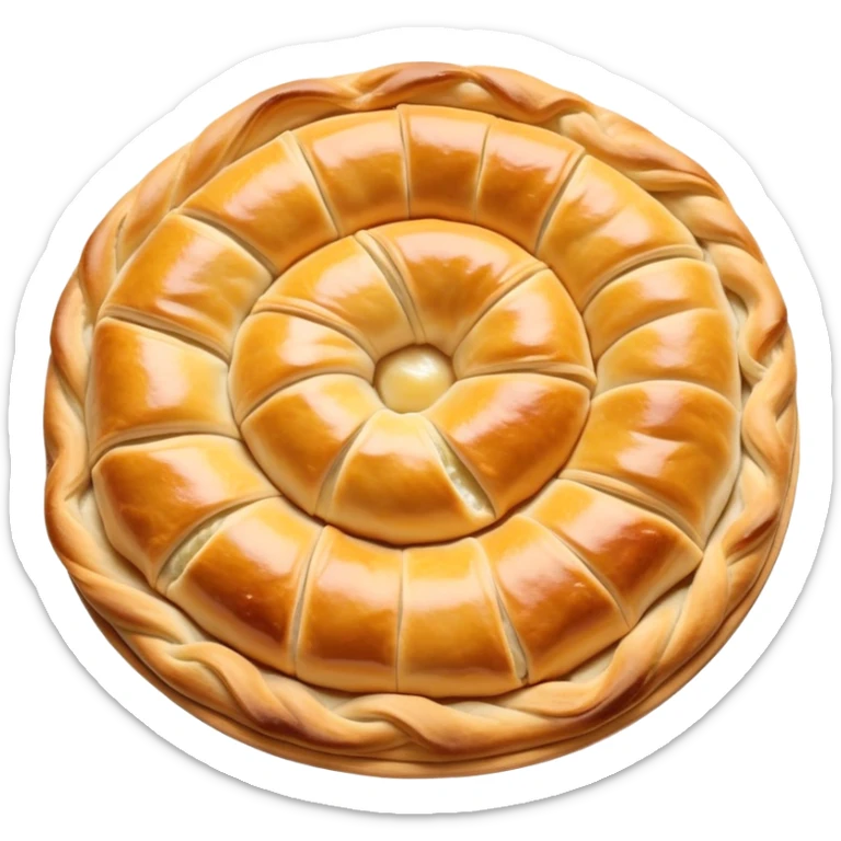cinematic-realistic-flat burek-sa-sirom-dish-emoji,-showcasing-a-flaky-pastry-filled-with-cheese-rendered-with-crisp-textures-and-appetizing,-warm-lighting. round spiral sticker