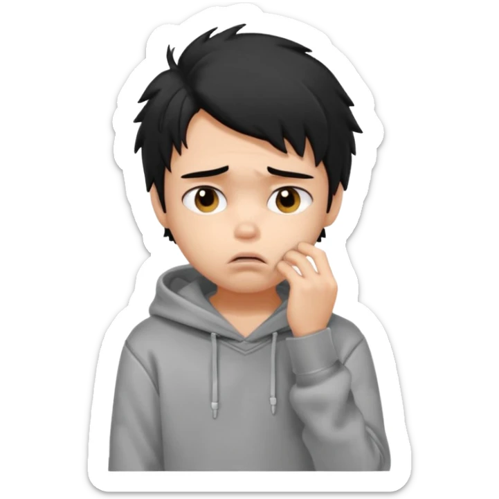 generate a pretty bratz fair skinned boy with messy black hair in a grey hoodie looking sad and bored with hand on chin sticker