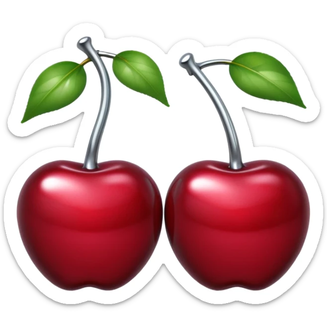 A pair of cherries emoji made of liquid silver chrome, smooth rounded shapes, glossy metallic surface, subtle sensual vibe, luxury sexy aesthetic, iOS emoji style, centered, clean white background sticker
