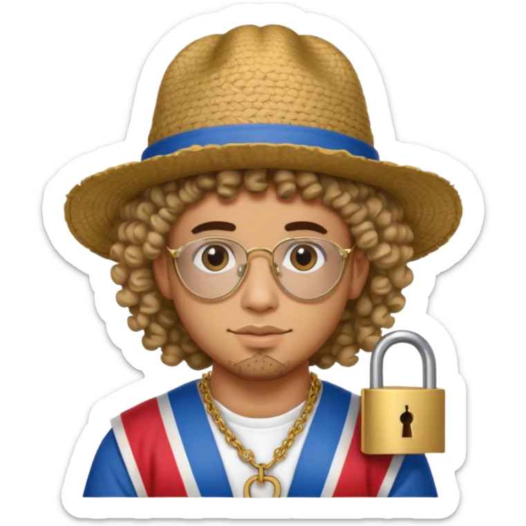 An emoji of Bad Bunny, the superstar from Puerto Rico. The singer. His hair is curly. He has a padlock beard. An an traditional boricua hat.  sticker