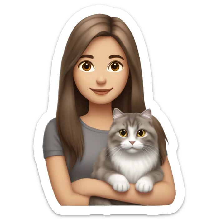  Chestnut brown straight hair girl holding fluffy Siberian gray cat  sticker