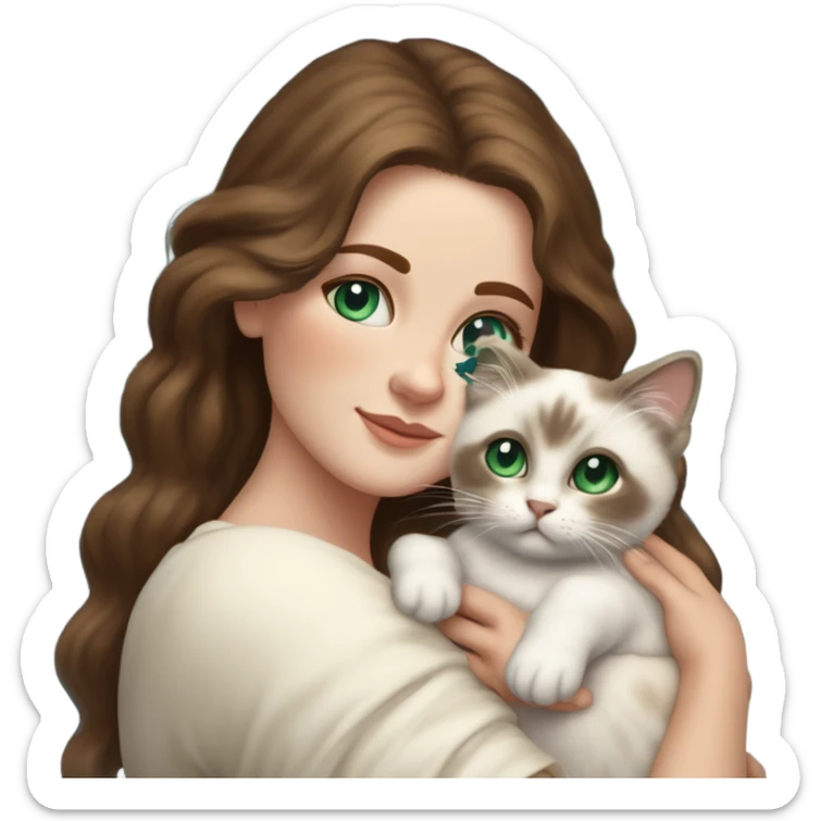 white woman with medium-length brown hair, green eyes and brown freckles on the face under the eyes, holding her sacre de birmanie kitten in her arms with much love, the baby cat has blue eyes, a lot of dark areas on ears and middle of the face. blue eyes sticker