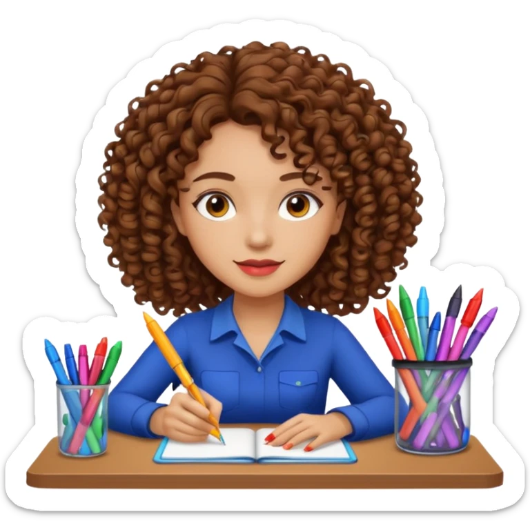 A women curly hair long and light skin with markers on her desk sticker