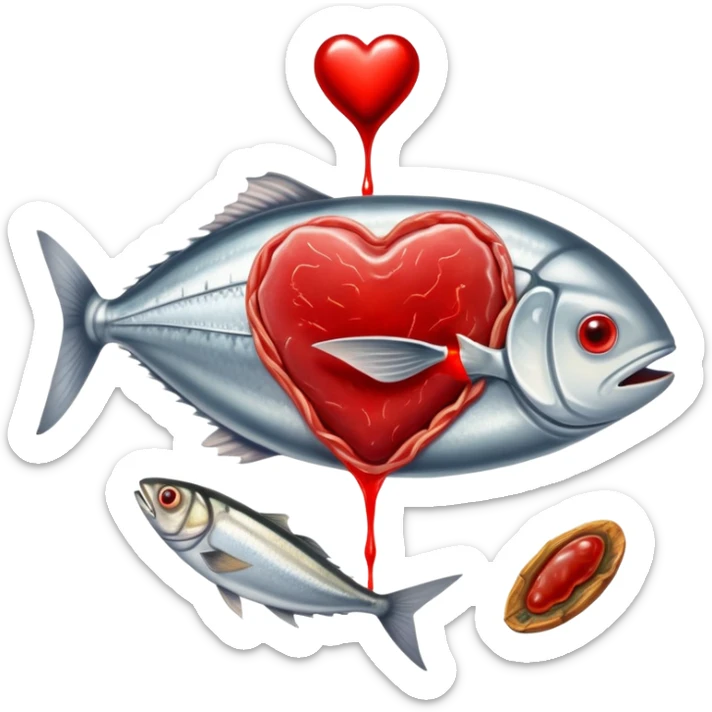 Ethereal red meat, liver, and sardines glowing with magical energy surrounding a bright red blood cell. Mystical light connects the foods to the blood cell and flows toward a heart and muscles, showing heme iron's role in creating vitality and energy throughout the body. sticker