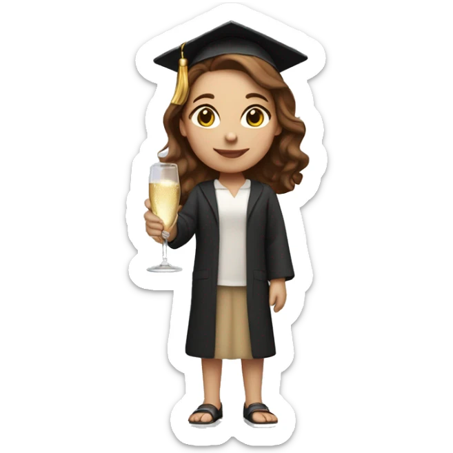 girl, university graduate, with brown hair, fair skin, holding champagne sticker
