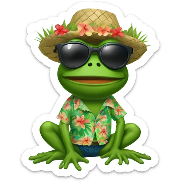 Pepe the Frog wearing a Hawaiian shirt with floral patterns, a grass skirt, and a pair of sunglasses, with a relaxed and carefree expression. sticker