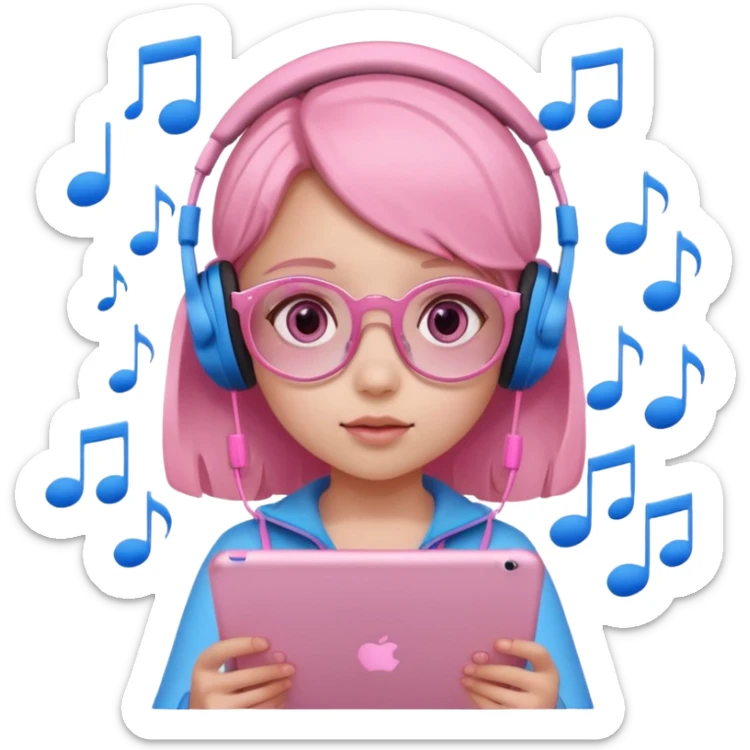 Little girl with headphones when pink eyes and pink iPad and pink dreamy background and rose colored glasses and blue music notes around her sticker