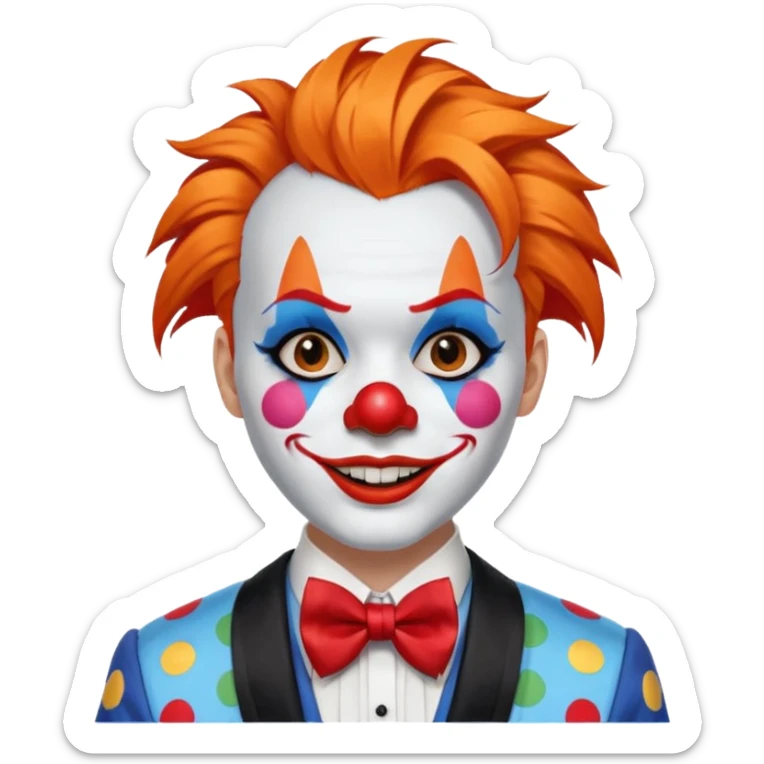 Orange hair styled in upward tufts.

White face paint, red nose, red lips, and thin black eyebrows.

Wearing a colorful patchwork clown suit with a big blue bow tie.

Happy, cheerful smile. sticker