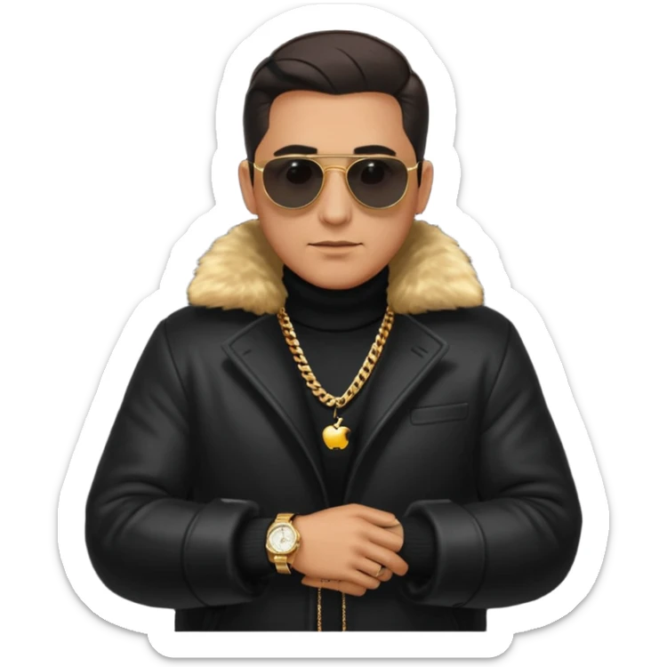 bearded man with slicked back hair, wearing dark sunglasses, a luxurious fur coat over a black turtleneck, gold chains and a watch, minimalist flat design, glossy Apple emoji style, simple facial features, centered full-body icon on white background sticker