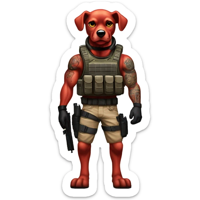 Black ops 6 Desert storm humanoid Clifford the red dog muscled with tattoos on arms book illustration as a military call of duty character standing alone with submachine  sticker
