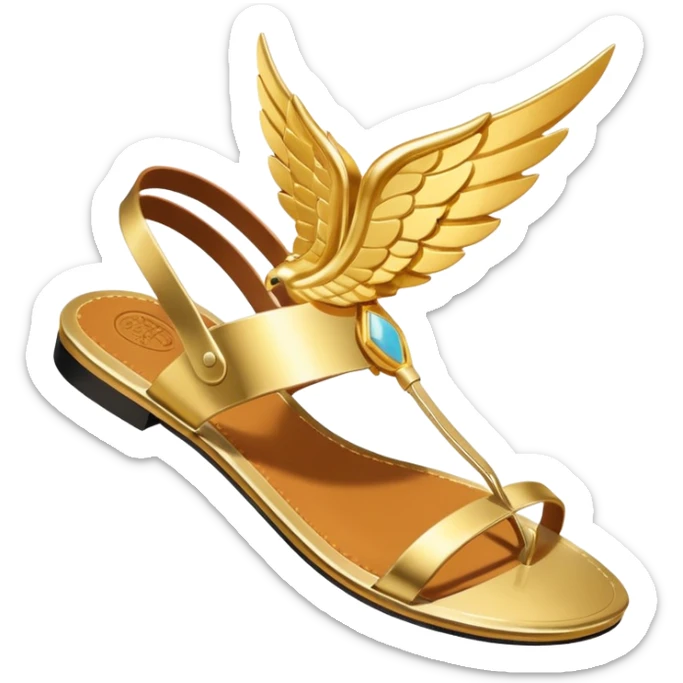 a single gold winged sandal of hermes (talaria), pointed down in mid air as if it is flying. minimalist. sticker