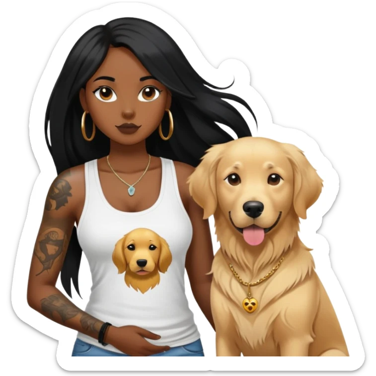 a black girl with long black  straight hair with  tattoos on the chest in the tank top and  a golden retriever sticker