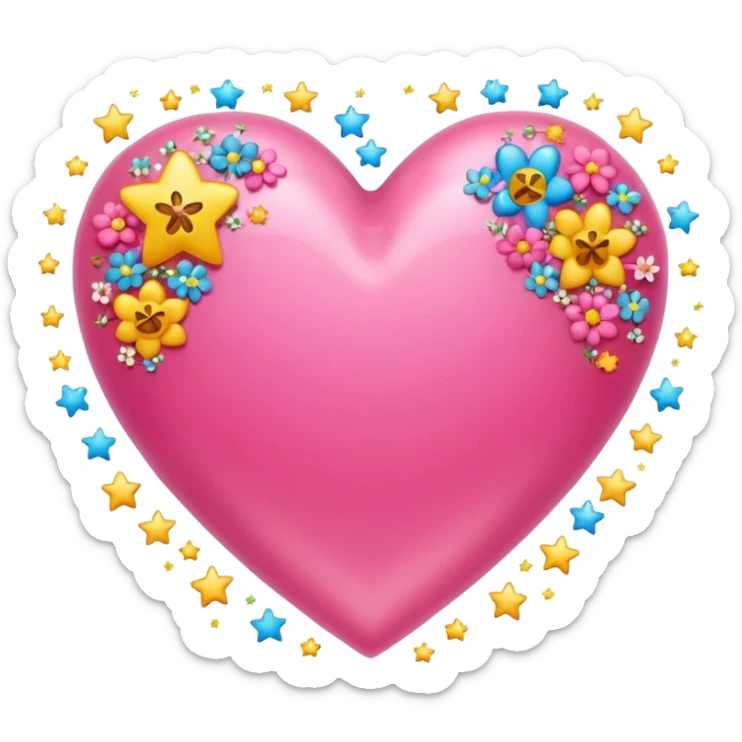 Colorful emoji-style icon of a large pink heart surrounded by sparkles, stars, and small flowers, representing overflowing love and joy. Bright and happy Apple-style emoji, glossy finish, white background. sticker