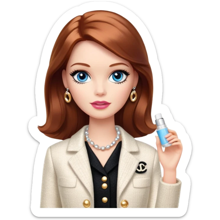 A Barbie girl with blue eyes, shoulder-length reddish-brown hair with makeup, wearing a white tweed jacket and a black skirt stands with Chanel white gold cream sticker