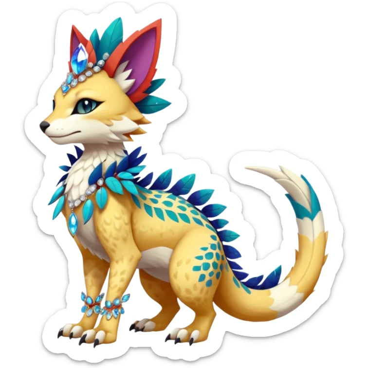 Kawaii cute colorful warm-colored exotic tropical beautiful pretty elegant divine edgy feline-vernid-sergal-Fakémon-Pokémon-fursona-animal-creature with accessories, jewelries, full body, with intricate detailed markings, feathers, crystals, fins, scales, headdress sticker