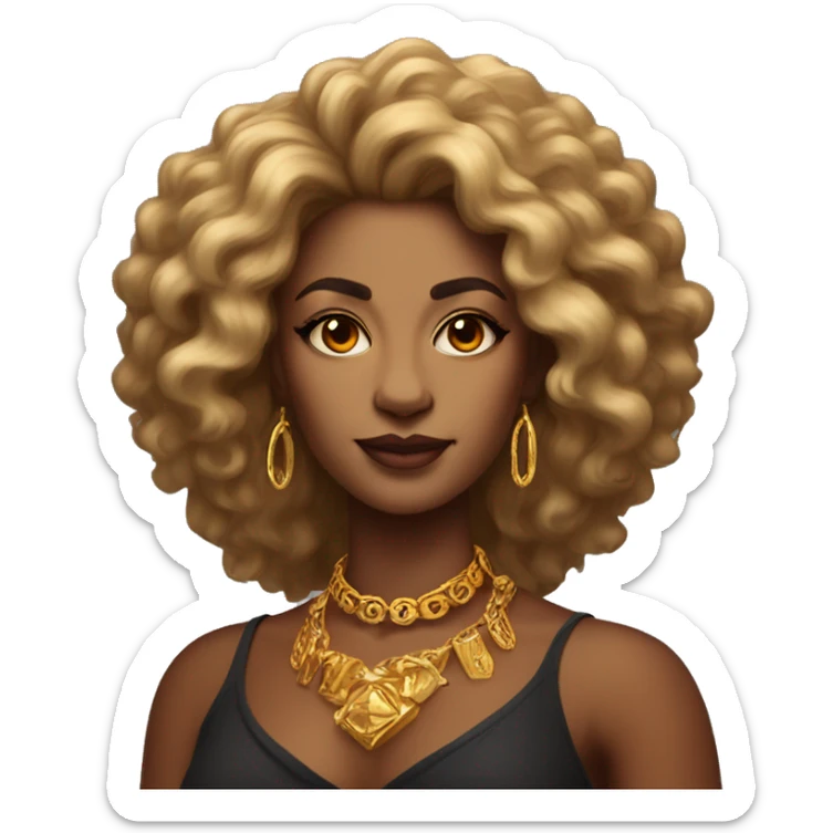 Create an emoji of a confident woman with voluminous lion-like hair, bold makeup, and gold jewelry, embodying the Leo zodiac sign with a regal expression and fiery energy. sticker
