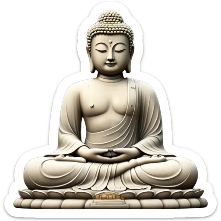 Cinematic Realistic image of the Big Buddha Monument of Sinheungsa Temple, portrayed as a towering, serene Buddha statue carved from weathered stone with intricate details and a gentle meditative expression, set within an ancient temple landscape enveloped in soft, ethereal lighting that underscores its spiritual majesty. sticker