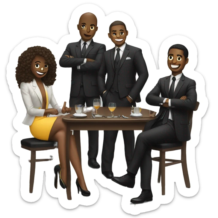 Exclusic club guys and girls wearing suits and hanging around a table sticker