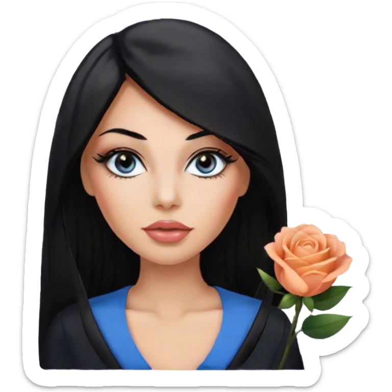 Glamours, tanned, very beautiful girl, with big pump peach-beige-rose lips, eyeliner, long long lashes, black straight smooth silky long hair, straight parting hair, blue-grey eyes in black clothes sticker